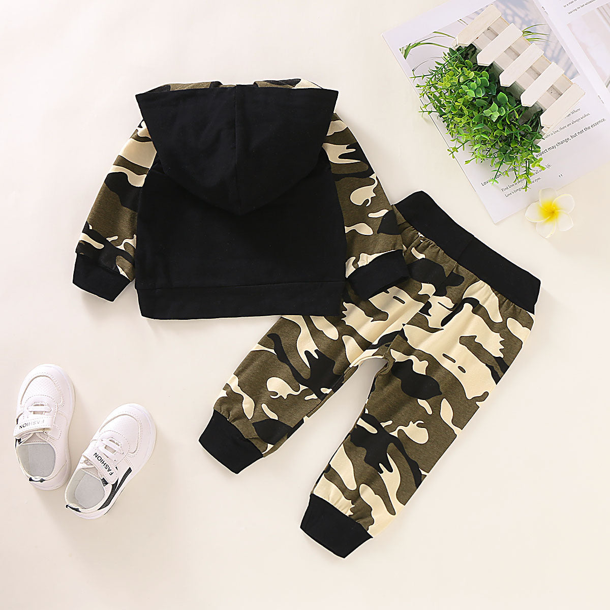 Pull camouflage à lettres pour garçons, deux pièces, à manches longues
