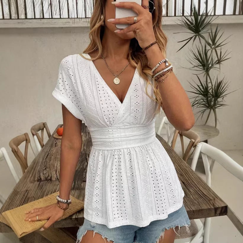 Haut plissé à manches courtes pour femmes