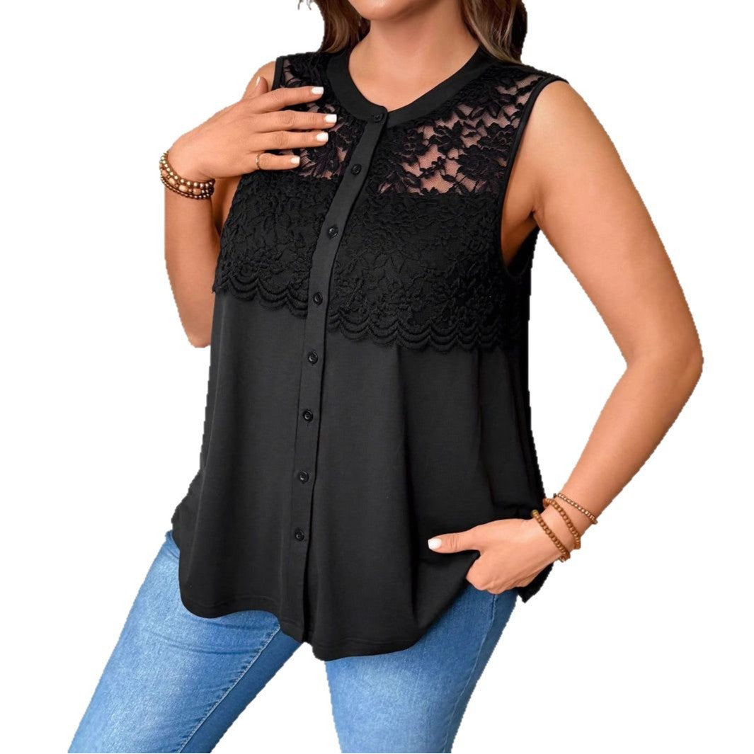 Cardigan d'été pour femmes grande taille à col rond avec patchwork en dentelle