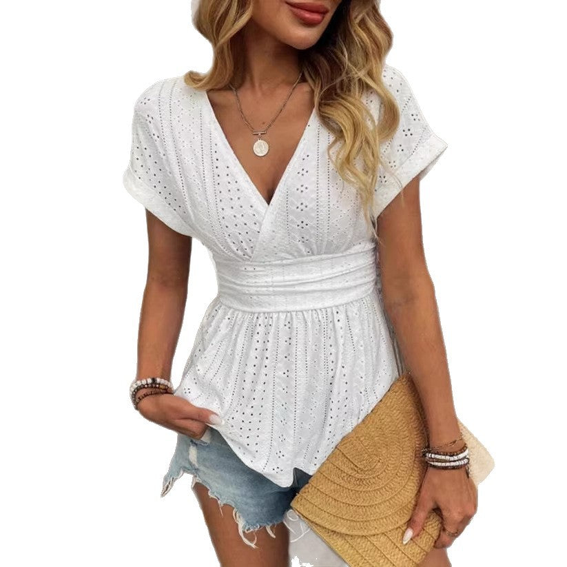 Haut plissé à manches courtes pour femmes