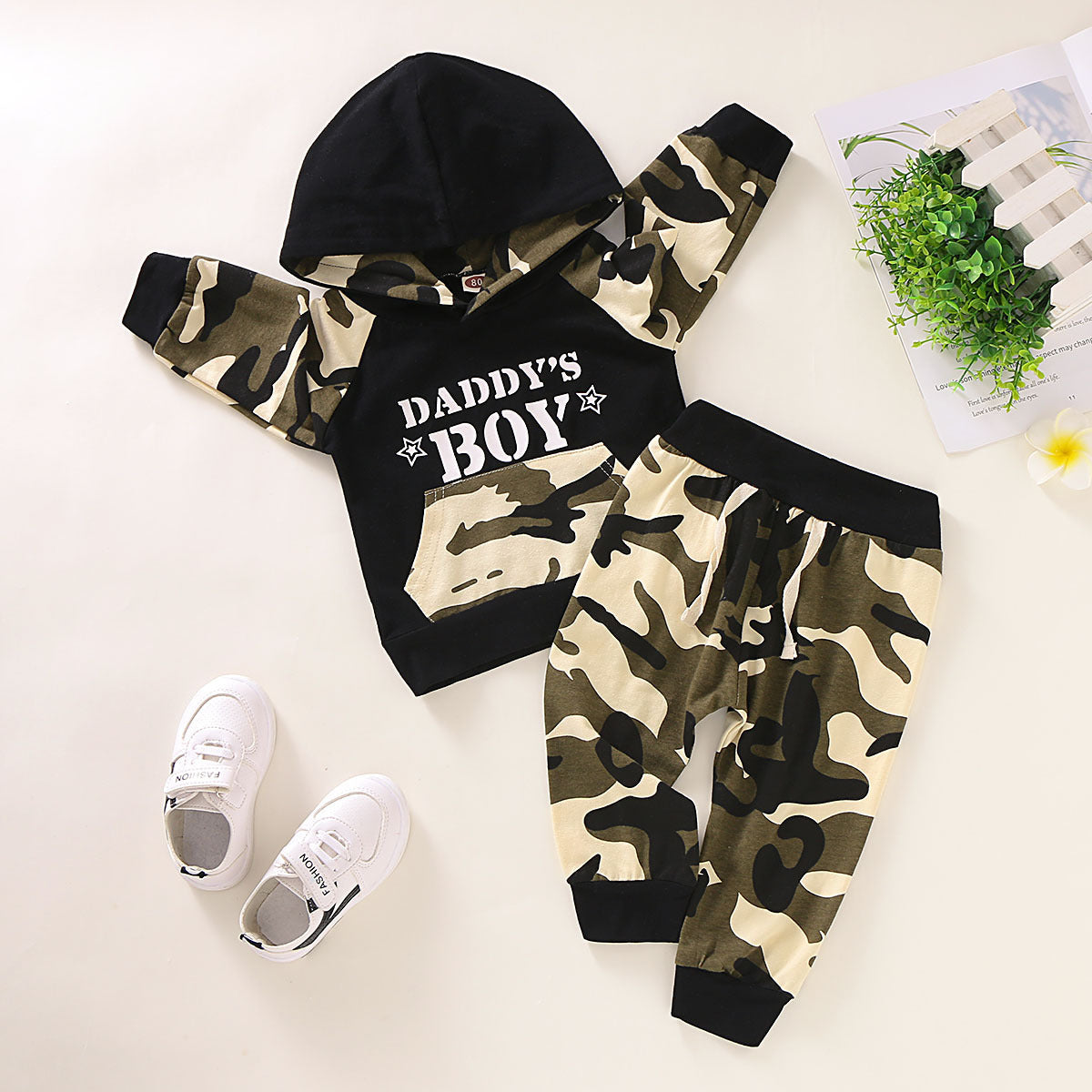 Pull camouflage à lettres pour garçons, deux pièces, à manches longues