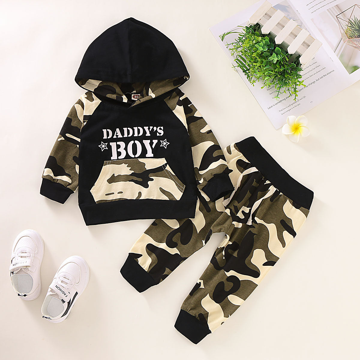 Pull camouflage à lettres pour garçons, deux pièces, à manches longues